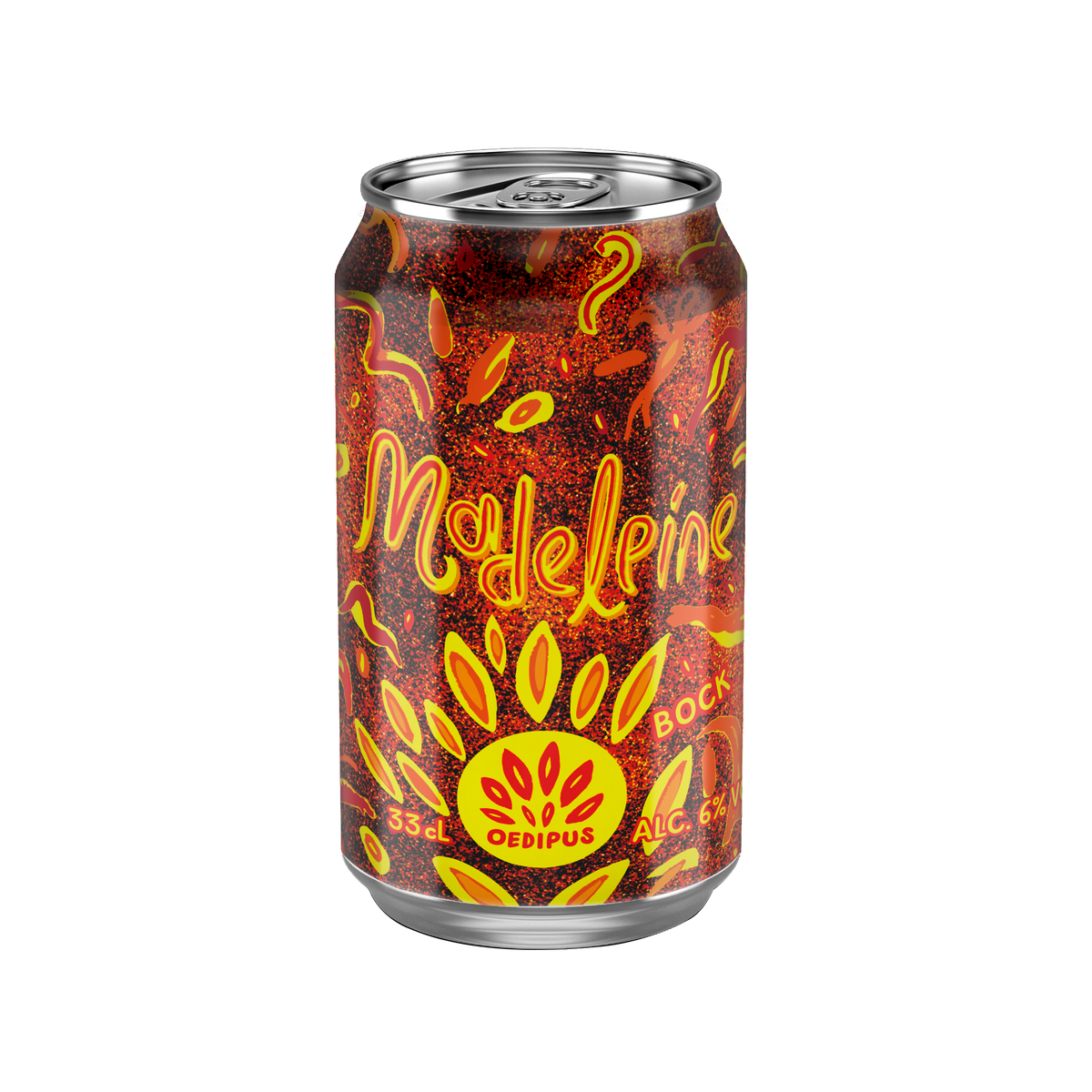 A single aluminum beverage can on a plain white background. The can features a fiery red and orange pattern with yellow stylized text reading 'Madeline' and a yellow circular logo near the bottom.