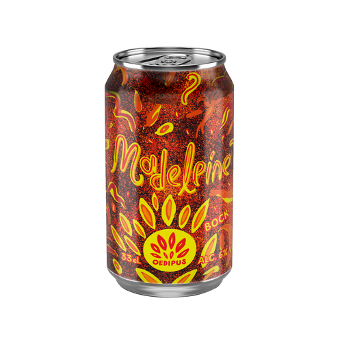 A single aluminum beverage can on a plain white background. The can features a fiery red and orange pattern with yellow stylized text reading 'Madeline' and a yellow circular logo near the bottom.